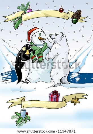 Illustration of a penguin and a polar bear building a snowman