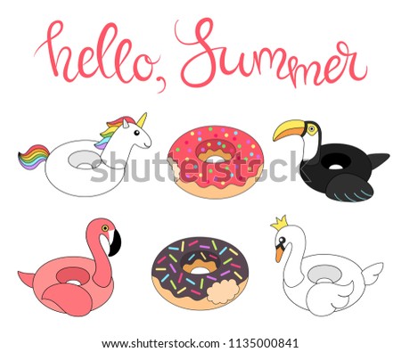 Vector illustration: set of 6 inflatable swimming accessories rubber Unicorn with rainbow mane, pink Flamingo, Swan in crown, black Toucan and two donuts in cartoon style isolated on white background.