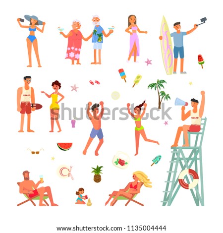 Set of People on the beach. Men and women characters on summer vacation in cartoon style. Isolated on white background. Vector illustration eps10
