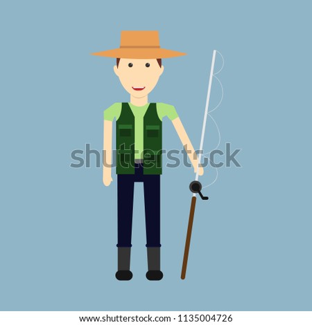 Fisher cartoon character. Fishermen holding fishing rod