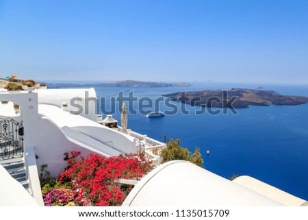 Sea view with cruise ship from Fira, Santorini, Greece