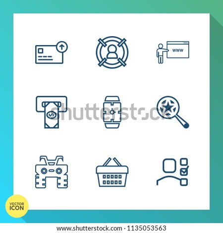 Modern, simple vector icon set on gradient background with find, office, targeting, minute, magnifying, hand, market, task, sale, business, cash, target, bank, currency, finance, search, time icons