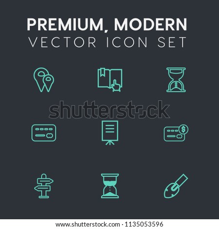 Modern, simple vector icon set on dark grey background with sand, conference, page, hourglass, business, credit, meeting, arrow, pin, library, card, road, shovel, businessman, bank, balance, way icons