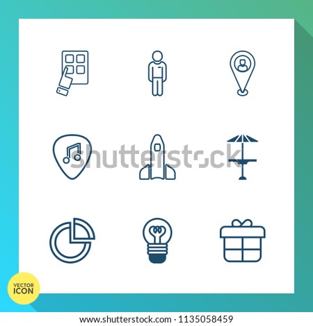 Modern, simple vector icon set on gradient background with communication, white, light, modern, graph, rocket, map, launch, electricity, fashion, business, musical, cafe, box, shuttle, pin, lamp icons