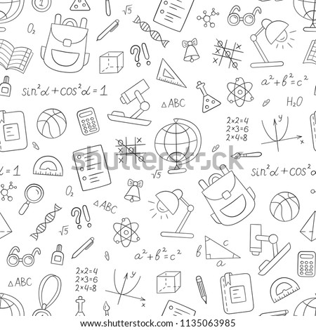 School seamless pattern in doodle and cartoon style. Linear. Black and white. Vector. EPS 10