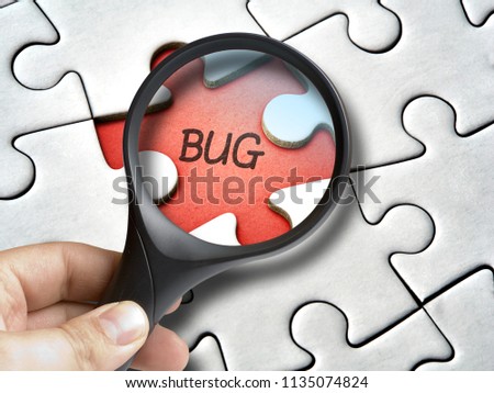 Magnifying glass on bug that is a mssing tile of the puzzle    