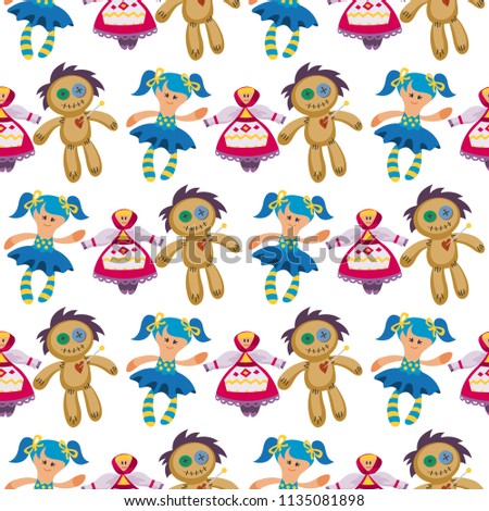 Different dolls toy character game dress seamless pattern background farm scarecrow rag-doll vector illustration