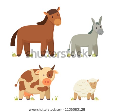 Horse standing on grass. Donkey with long tail, cow with horns and sheep animals icons set. Domestic pets in farm isolated on vector illustration