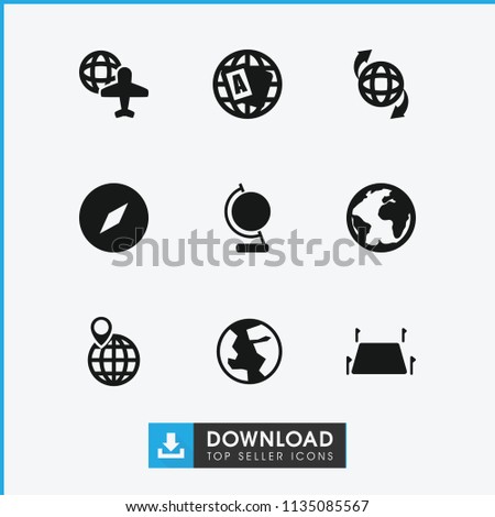 Geography icon. collection of 9 geography filled icons such as globe, compass, globe and plane, land territory. editable geography icons for web and mobile.
