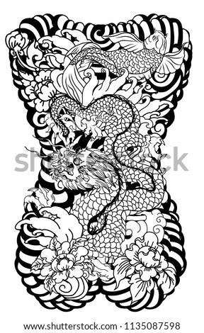 Japanese tattoo design full back body.The Old Dragon and koi carp fish with water splash and peony flower,cherry blossom,peach blossom on cloud background.