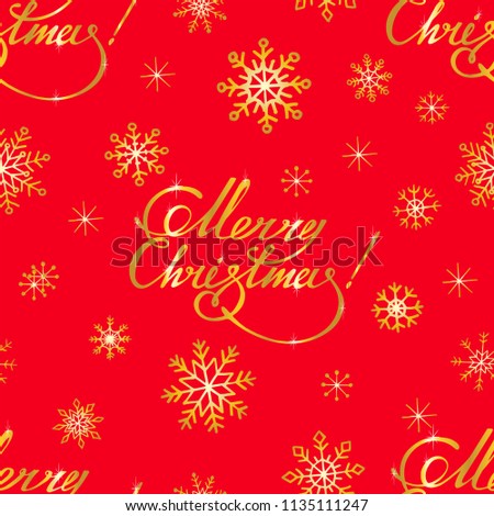 Vector seamless pattern with words "merry christmas!" and golden snowflakes on red background. Holiday christmas design
