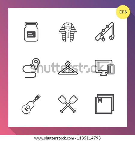 Modern, simple vector icon set on gradient background with water, clothes, reel, oar, egypt, container, sound, concert, canoe, music, musical, food, credit, route, business, egyptian, boat, shop icons