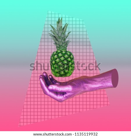 Painted in pink hands hold pineapple. Contemporary art collage. Concept of memphis style posters. Abstract minimalism