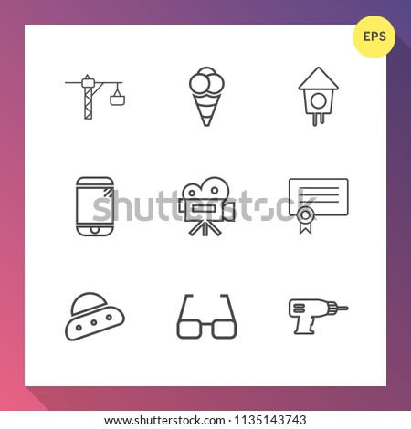 Modern, simple vector icon set on gradient background with food, ice, mobile, home, ball, saw, hand, wooden, touchscreen, cream, equipment, eye, phone, dessert, retro, space, spaceship, drill icons