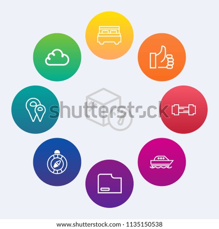Modern, simple vector icon set on colorful circle backgrounds with north, exercise, compass, map, weight, package, bed, south, water, cloud, fitness, shipping, gym, boat, travel, success, pin icons