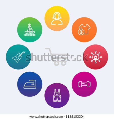 Modern, simple vector icon set on colorful circle backgrounds with iron, communication, ocean, retail, work, housework, cost, white, cruise, store, workout, boat, clothes, cart, ironing, screen icons