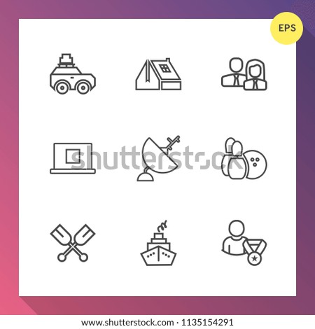 Modern, simple vector icon set on gradient background with tourism, internet, ball, paddle, people, , boat, travel, bowling, building, road, home, online, pin, vacation, canoe, web, water, staff icons