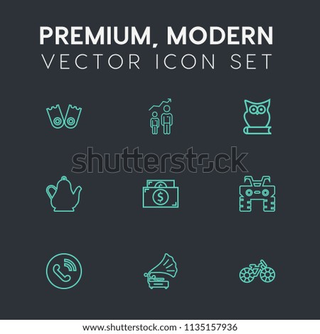 Modern, simple vector icon set on dark grey background with object, phone, cycle, equipment, cash, bird, flipper, call, vacation, retro, circle, quad, money, water, bike, progress, bicycle, hot icons