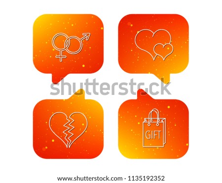 Love heart, gift bag and male with female icons. Broken heart or divorce linear signs. Orange Speech bubbles with icons set. Soft color gradient chat symbols. Vector