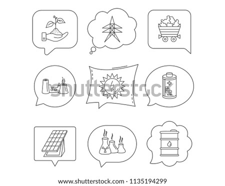 Solar collector energy, battery and oil barrel icons. Minerals, electricity station and factory linear signs. Industries, save nature icons. Linear Speech bubbles with icons set. Comic chat balloon
