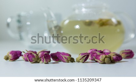 Tea EvaDia Mei Gui Hua Bao, Rose buds close-up. Flower and herbal tea, Mei Gui Hua. This category can also be called herbal infusions, or tisanes. A floral, exotic tea. Wellness and Detox.  Royalty-Free Stock Photo #1135209347