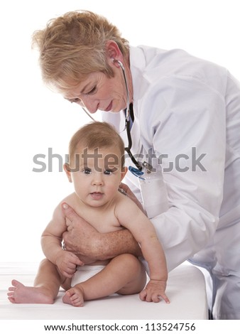 female doctor checking a baby on white isolated background