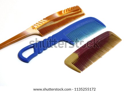 Fashion equipment collection of combs hair brush for hair, set of different types of combs, isolated on white background, Hairdresser style accessories
