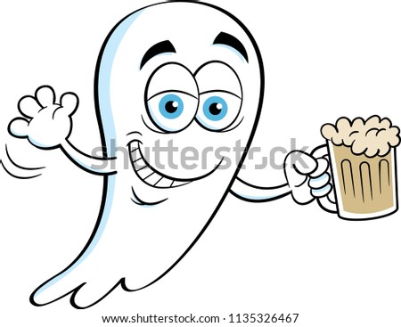 Cartoon illustration of a smiling ghost holding a beer.