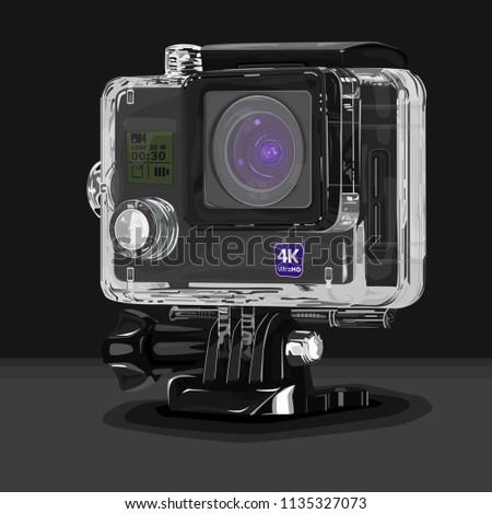 Realistic illustration of small balck action camera in waterproof box, device for filming action extreme sports Royalty-Free Stock Photo #1135327073