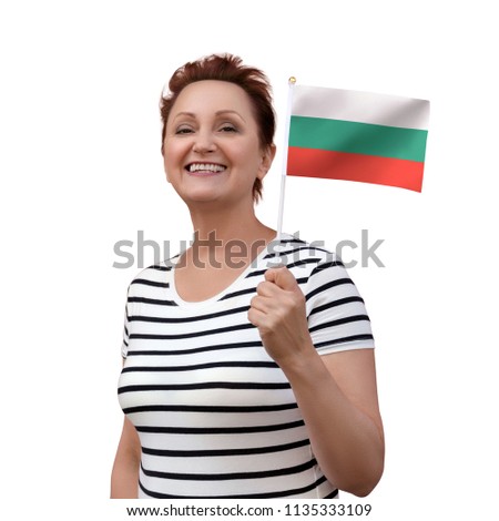 Bulgaria flag. Woman holding Bulgarian flag. Nice portrait of middle aged lady 40 50 years old with a national flag isolated on white background.Learn Bulgarian language. Visit Bulgaria concept.