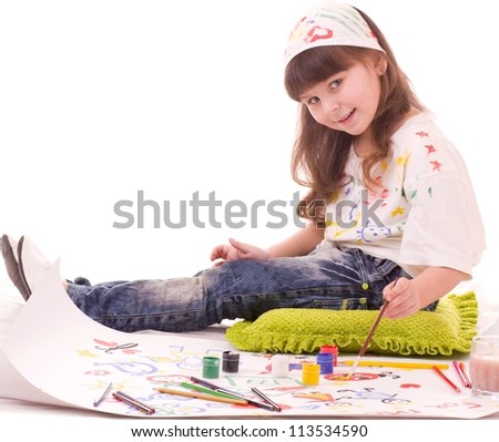 little girl with color paint on white background