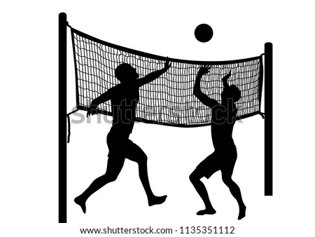 Silhouettes of two men playing beach volleyball on white background, vector illustration