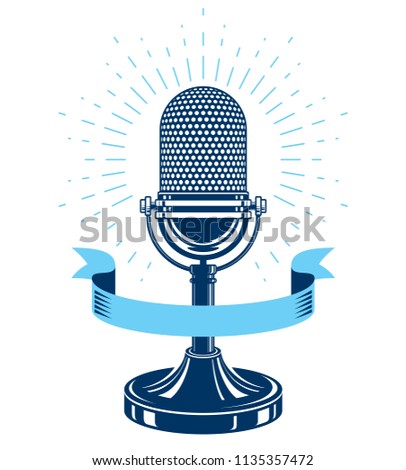 Retro studio microphone vector symbol. Radio music station advertising emblem. Social announcement, broadcasting concept.