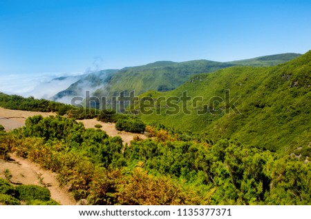 Panorama of green mountain peaks with clear blue sky on the island of Madeira (Portugal)