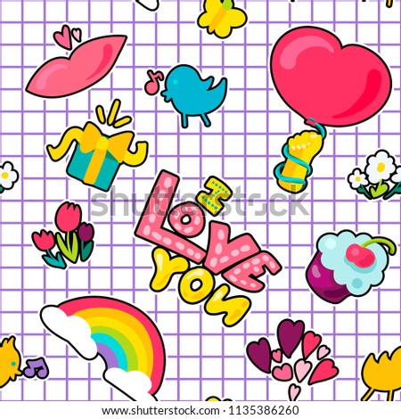 Vector romantic love symbols and patch I love you and girl fashion patchworks design. Isolated images of love and heart or rainbow and twit