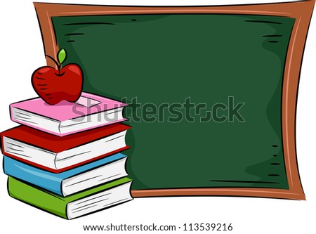 Illustration of an Apple Resting on a Pile of Books Placed Near a Blackboard