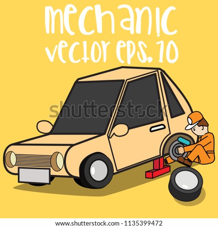 Change wheel and Repair car. Flat vector illustration in cartoon style.