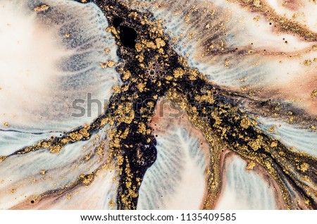 Coral colors with golden powder. Mixed paints. Contemporary art. Marble beautiful pattern. Fashion rich texture. Art&Gold. Trendy background. Magic art.