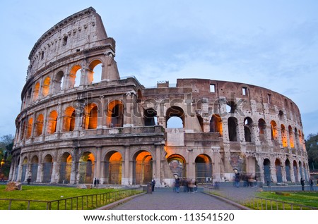 closeup of Colosseum at Dusk, Rome Italy Royalty-Free Stock Photo #113541520