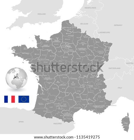 Grey Vector Map of France with Administrative borders, City and Region Names, international bordering countries and a 3D Globe centered on France