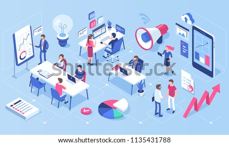 People in open space office concept design. Can use for web banner, infographics, hero images. Flat isometric vector illustration isolated on white background. Royalty-Free Stock Photo #1135431788