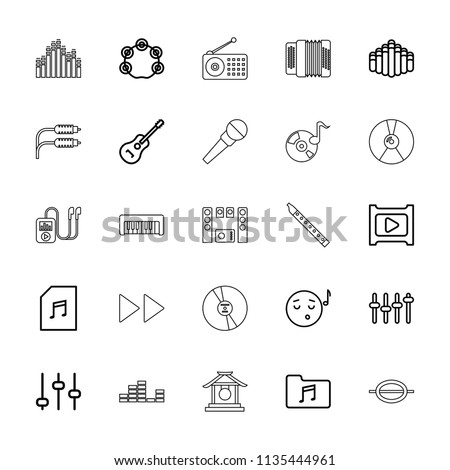 Music icon. collection of 25 music outline icons such as adjust, guitar, harmonica, tambourine, play, equalizer, gong, piano toy. editable music icons for web and mobile.