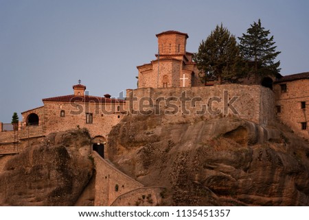 Great Meteoron Monastery. Beautiful scenic view, ancient traditional greek building on the top of huge stone pillar in Meteora,Thessaly, Greece, Europe