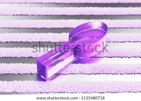 Purple Spoon Icon on the Gray Striped Pattern. 3D Illustration of Purple Eat, Food, Fork, Knife, Icon Set With Stripes Gray Background.
