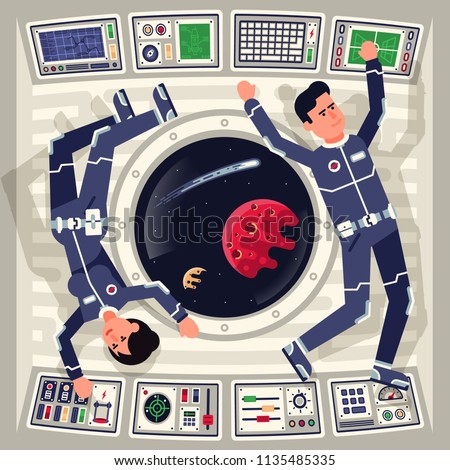 Male and female astronauts  in zero gravity on a spaceship flying around the window in which the cosmos and the planets are visible. Royalty-Free Stock Photo #1135485335
