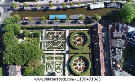 Aerial photo of the Prinsentuin in English Prince's garden or Prinsenhoftuin is garden built in renaissance style that is located in Groningen behind Prinsenhof in northern part of Holland