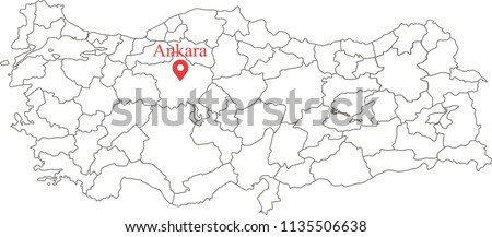 Blank political map of Turkey with provinces border vector outline illustration and capital location Ankara