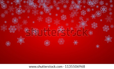 Christmas frame with snowflakes on red background. Santa Claus colors. Horizontal Christmas frame for holiday banners, cards, sales, special offers. Falling snow with bokeh and flakes for celebration