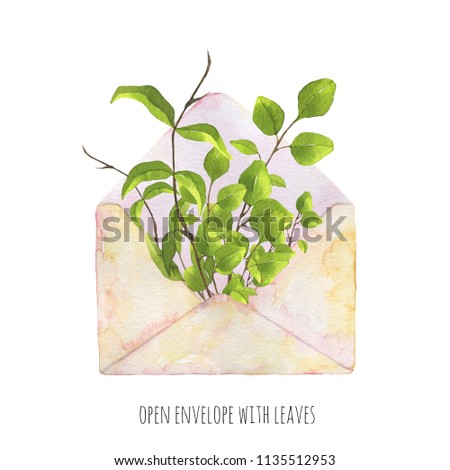 Watercolor retro opened envelope with bouquet of green leaves and herbs. For card, poster, postcard, invitations, wedding, birthday and more