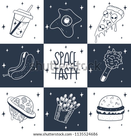 Hand Drawn Blue and White grid space fast food pattern. Illustrations Drawing Vector Sketch for textile, print, postcard, text, invitation, poster, background,wallpaper